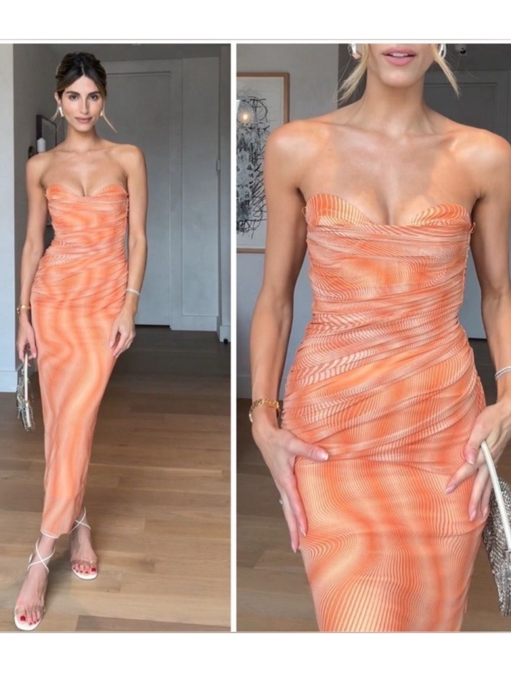 Zara Strapless Orange Bodycon Midi Dress